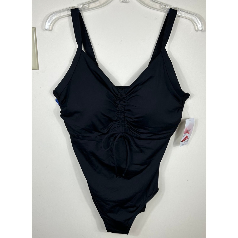 Lands' End Swimsuit 1X 16W-18W Black Ruched Sweetheart Neckline Tummy Control